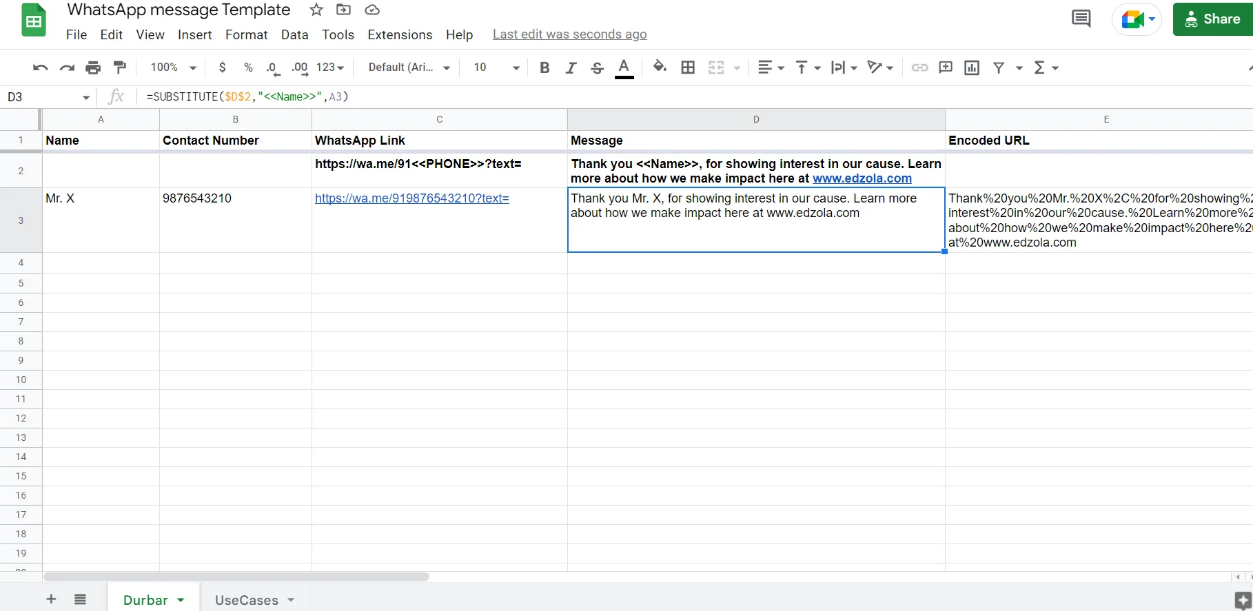 WhatsApp message sheet template - drag to fill messages