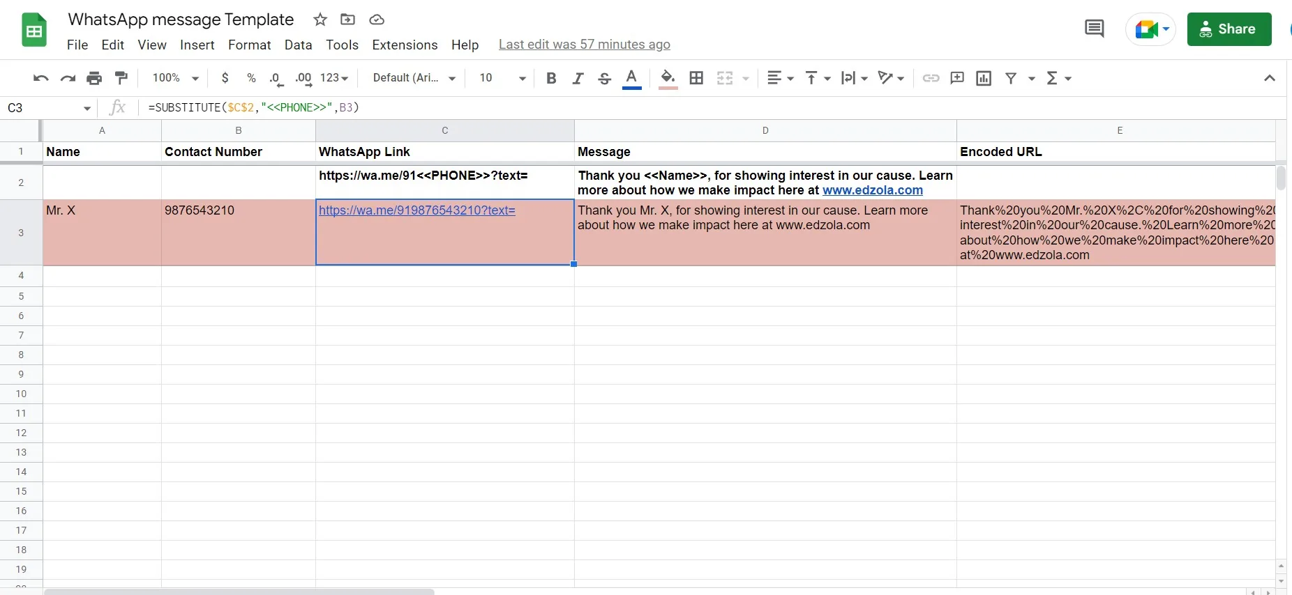 WhatsApp message sheet template - Fill the link column by dragging
