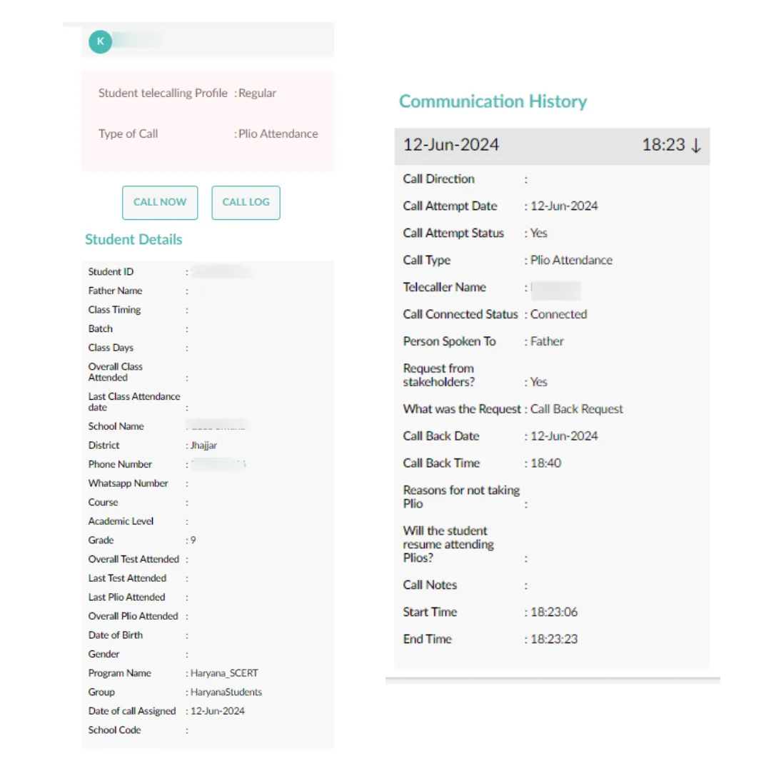 A telecaller’s individual view of the student they need to contact