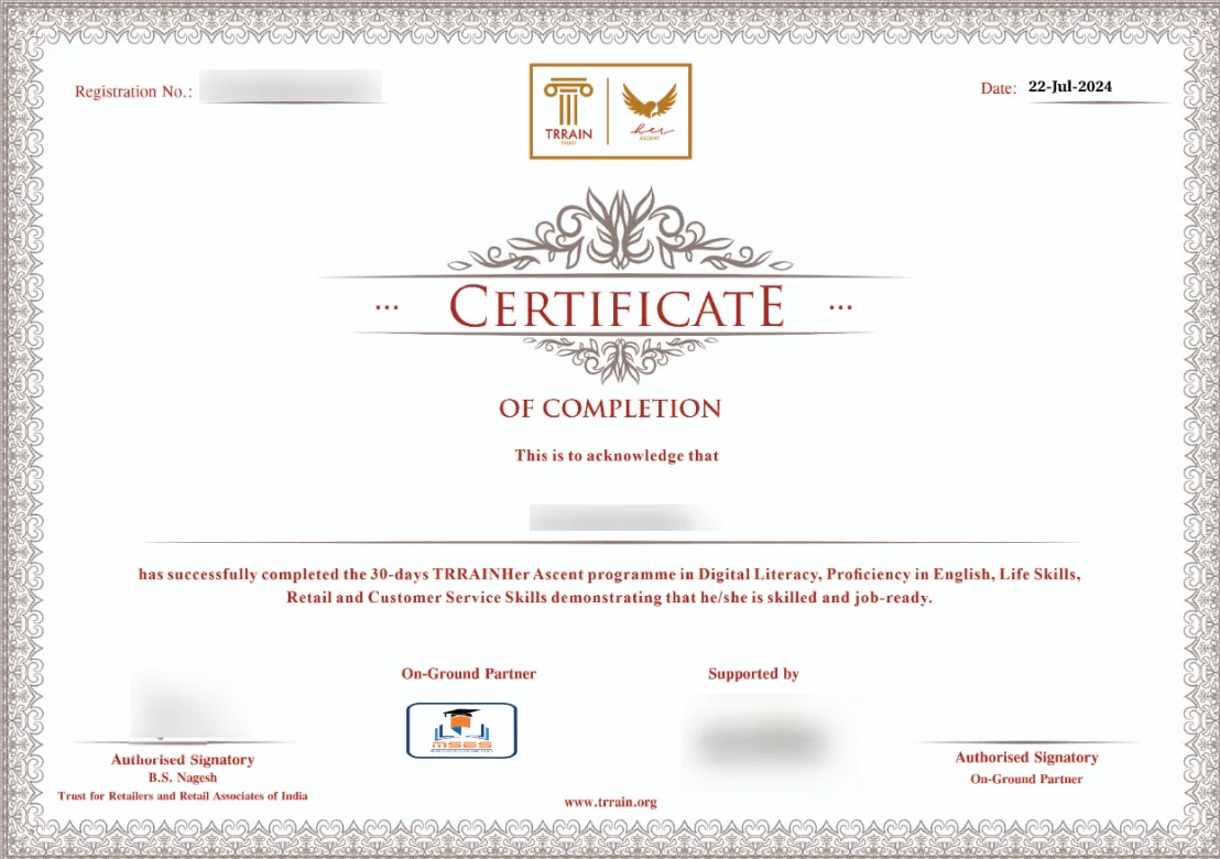 TRRAIN Her certificate