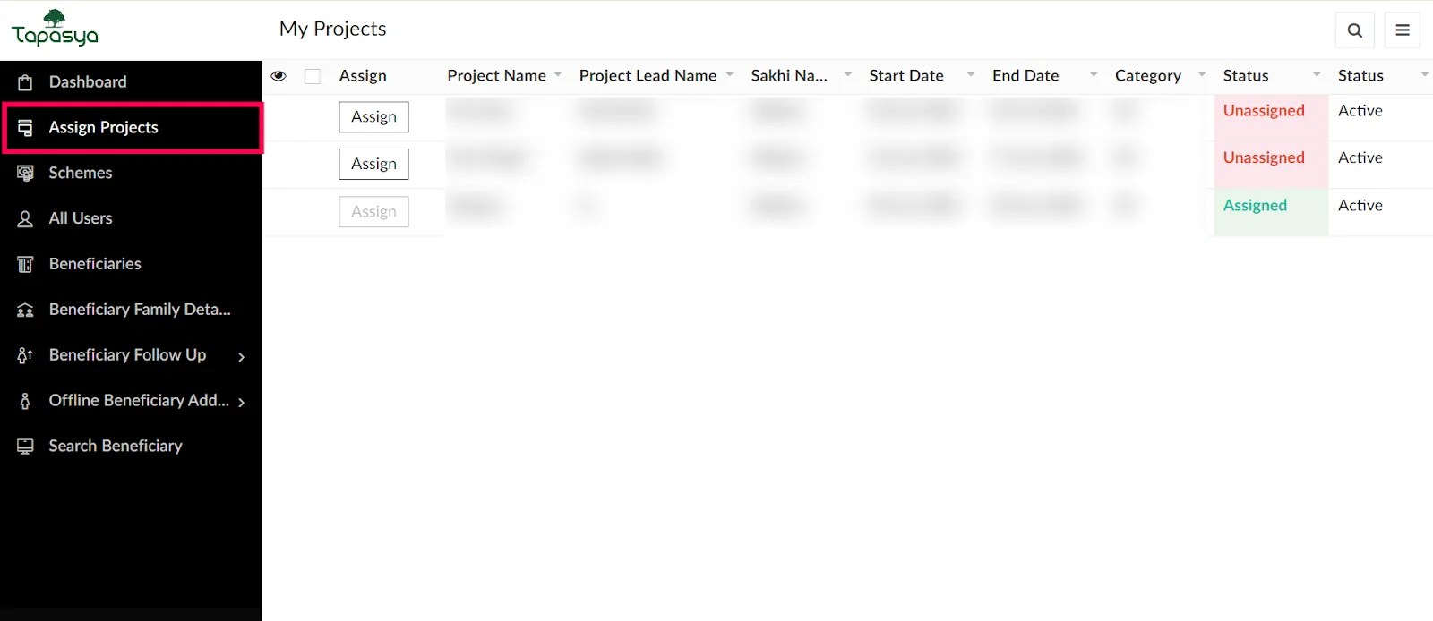 Assigning projects to Sakhi portal view
